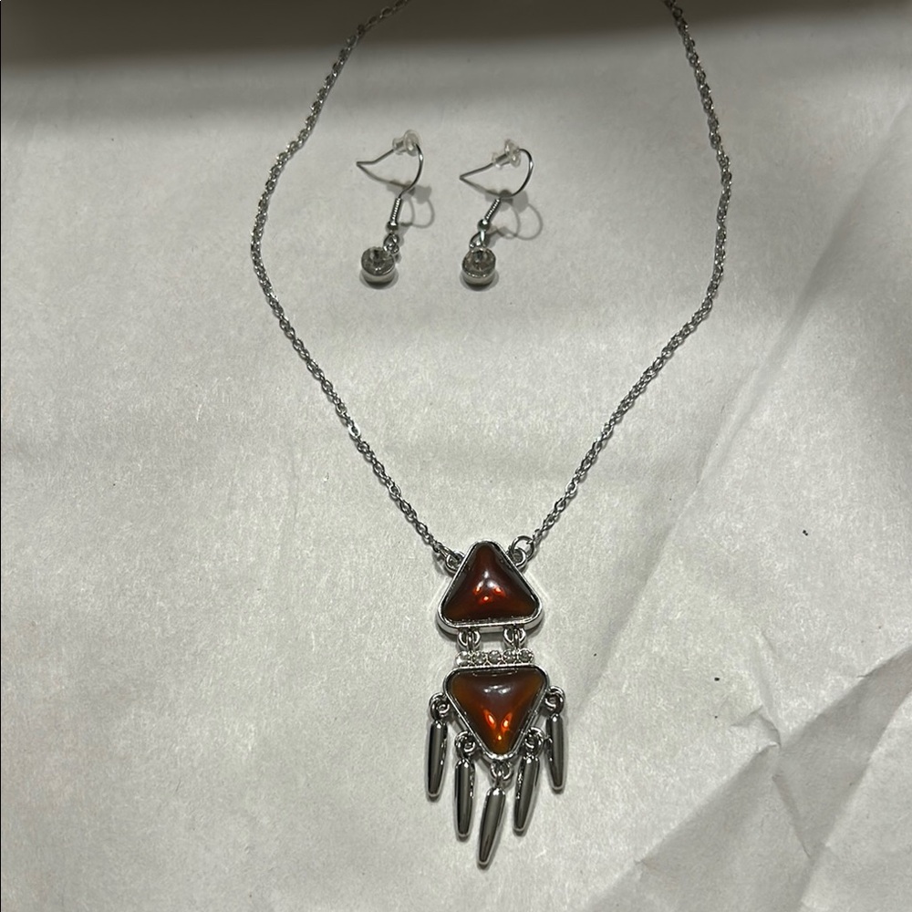 Silver and Orange Triangle Pendant Necklace and Earring Set